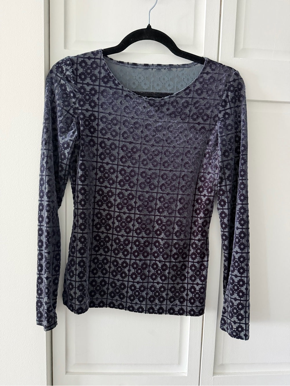 Vintage Sheer Mesh Velvet Devoré Geometric Long Sleeve Top Slate Grey M