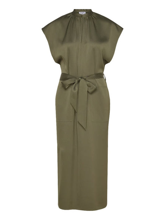 Filippa K Olive Green Satin-Finish Midi Dress - Size 36 (Fits Oversized) NWT