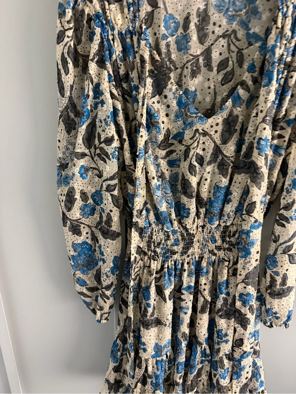 MISA Los Angeles Floral Chiffon Smocked Waist Tie Neck Dress L