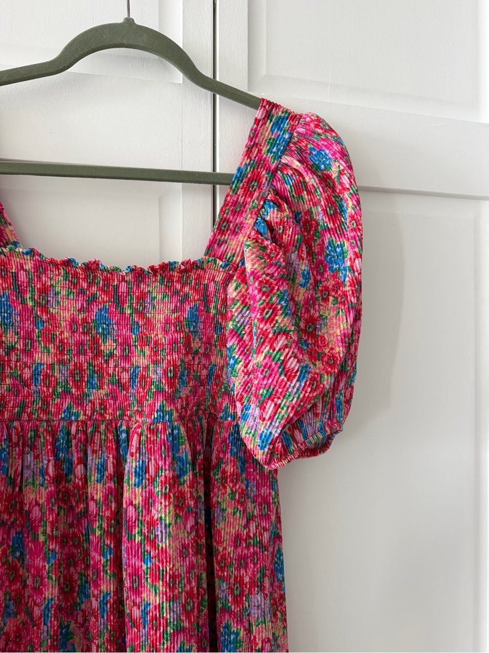 Zara Bright Floral Smocked Plissé Puff Sleeve Mini Dress M New