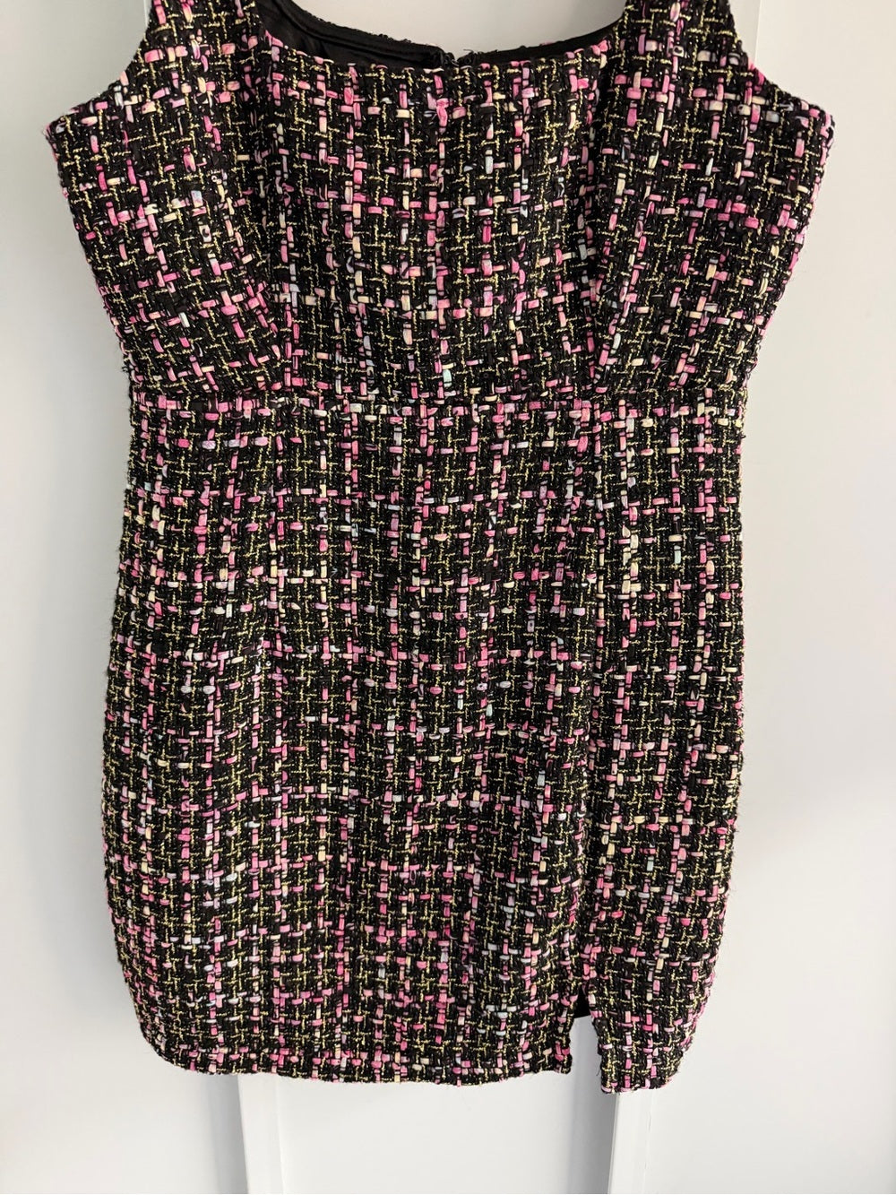 Sincerely Jules Black Pink Metallic Gold Tweed Shift Mini Dress L