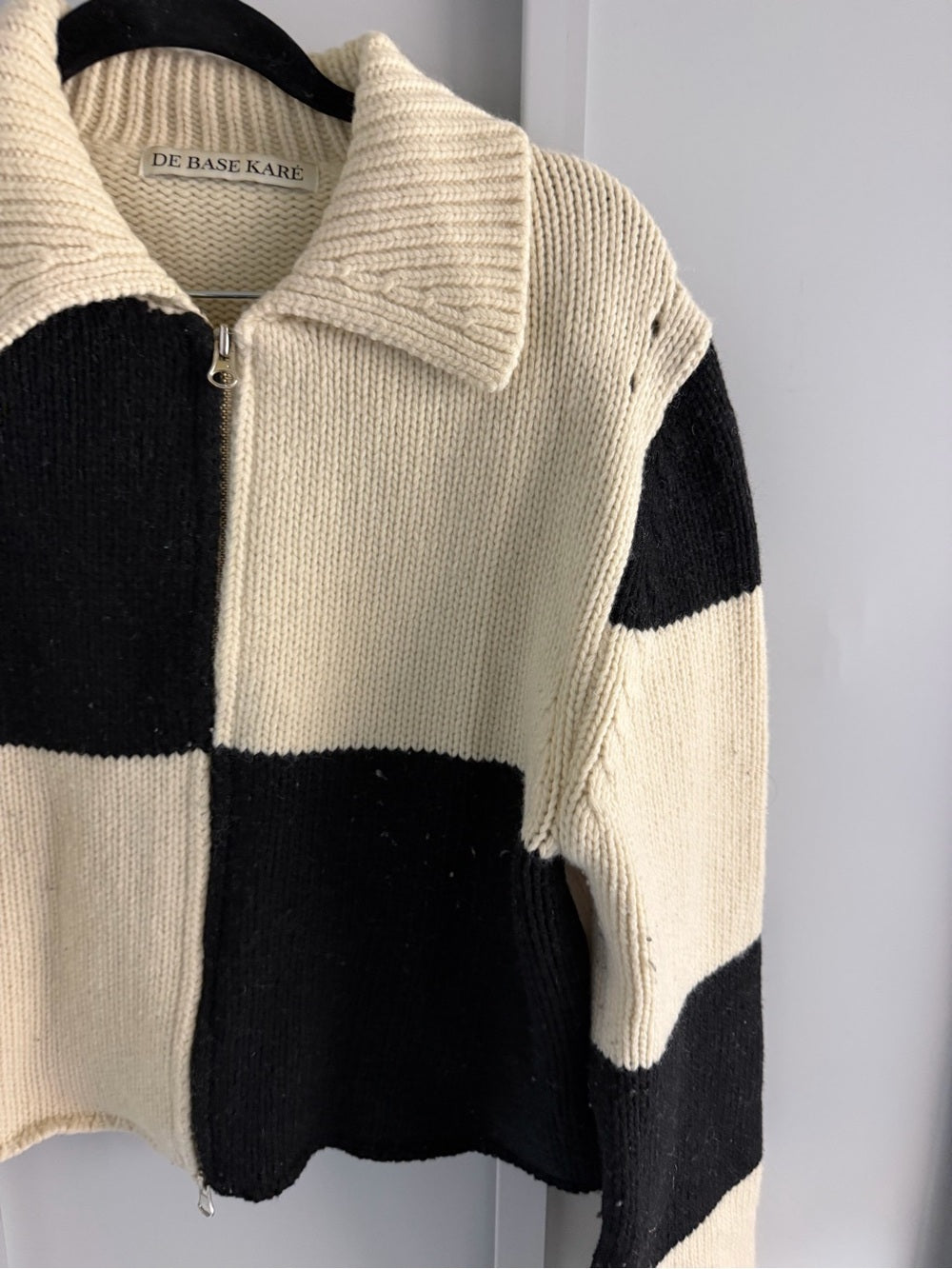 De Base Karé Black & White Colorblock Wool Blend Zip-Up Sweater Size L