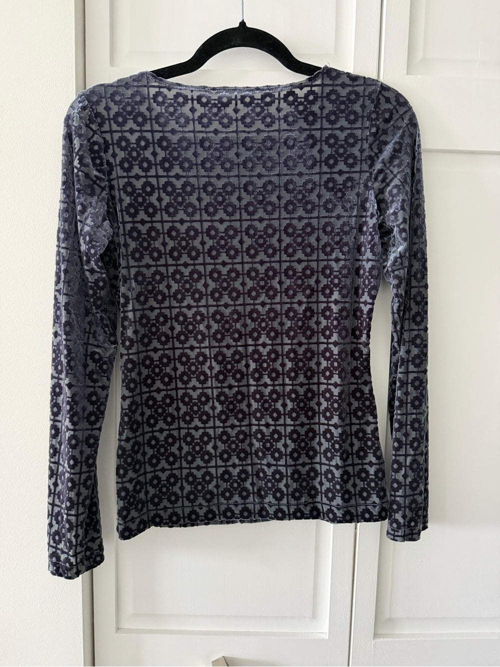 Vintage Sheer Mesh Velvet Devoré Geometric Long Sleeve Top Slate Grey M