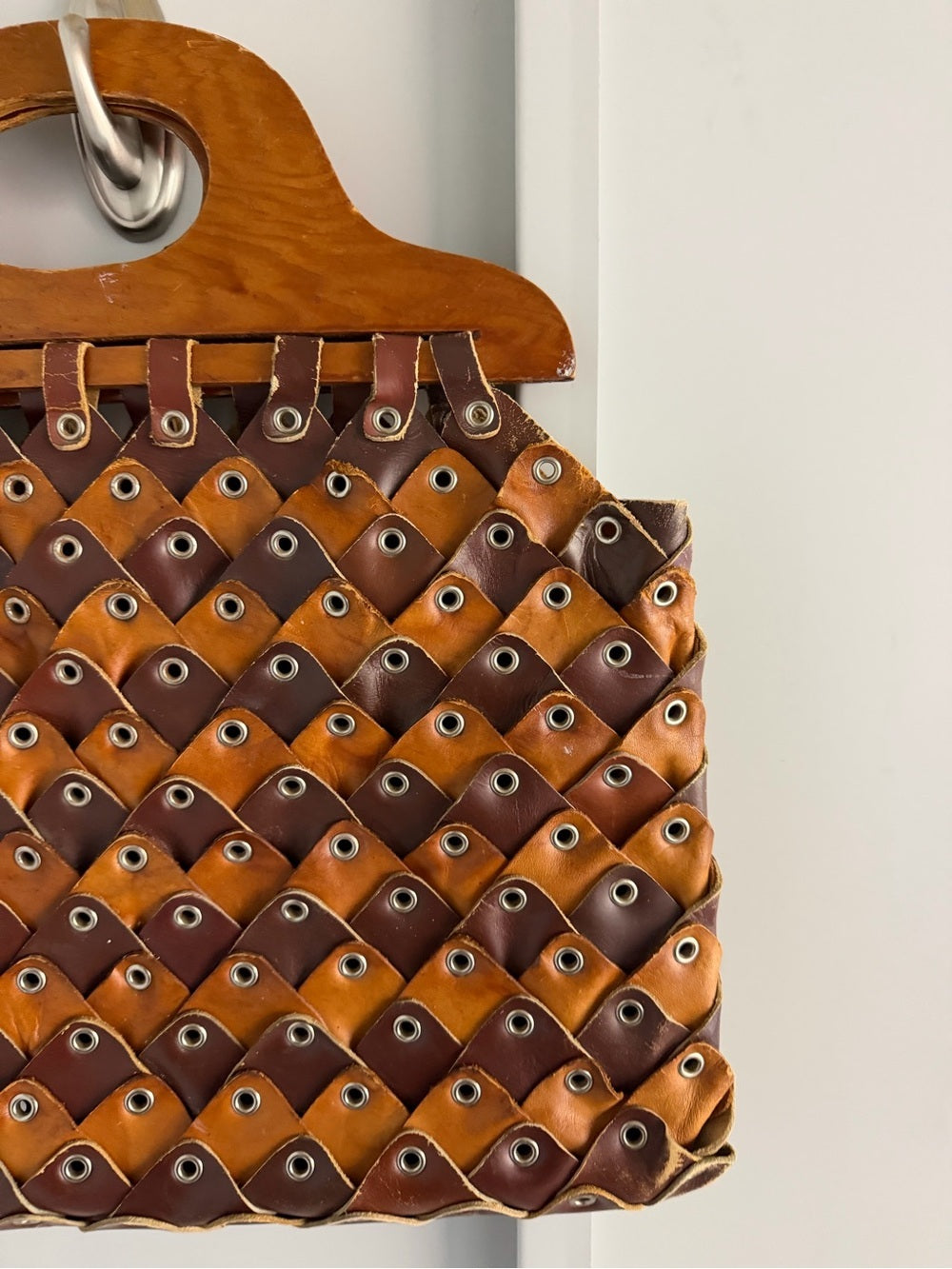 Vintage Handmade Leather & Wood Weave Statement Handbag