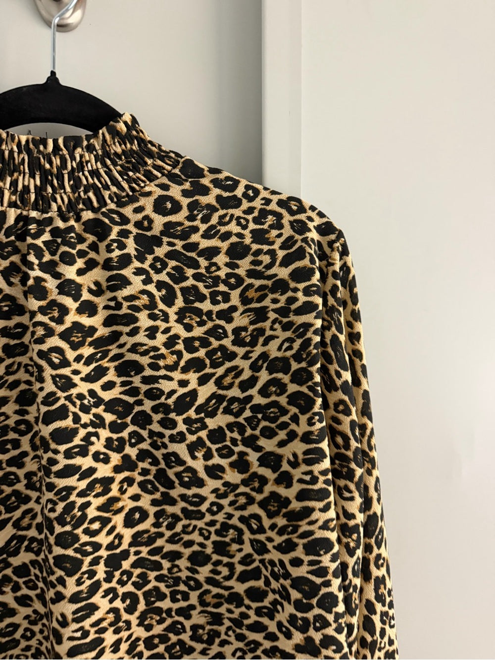 Vintage Italian Leopard Print Smocked Mock Neck Blouse L
