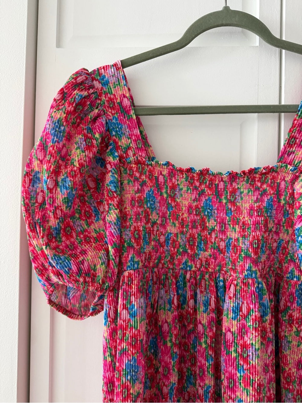 Zara Bright Floral Smocked Plissé Puff Sleeve Mini Dress M New
