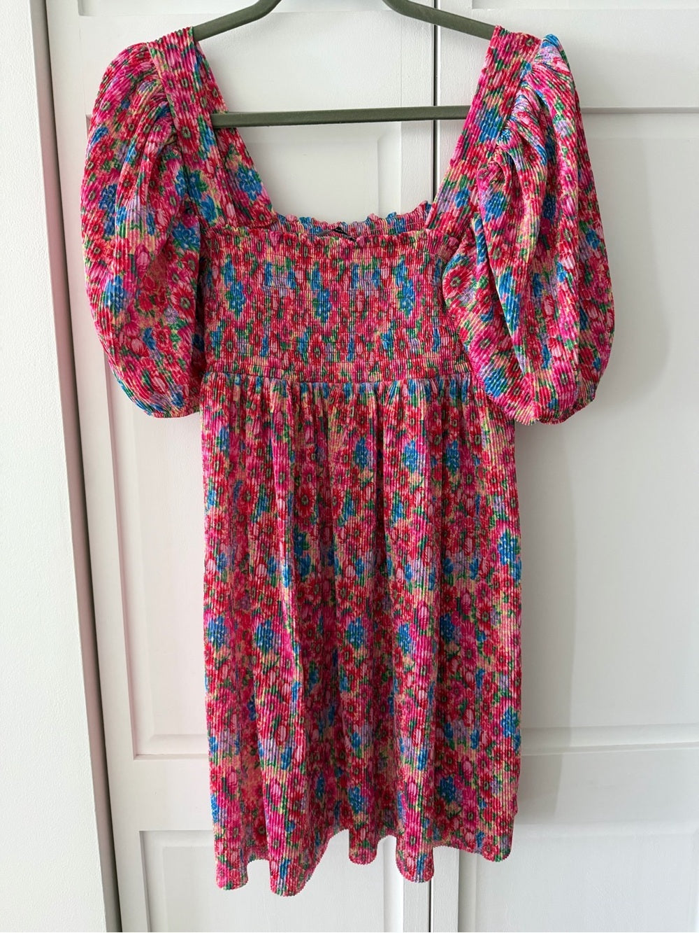 Zara Bright Floral Smocked Plissé Puff Sleeve Mini Dress M New