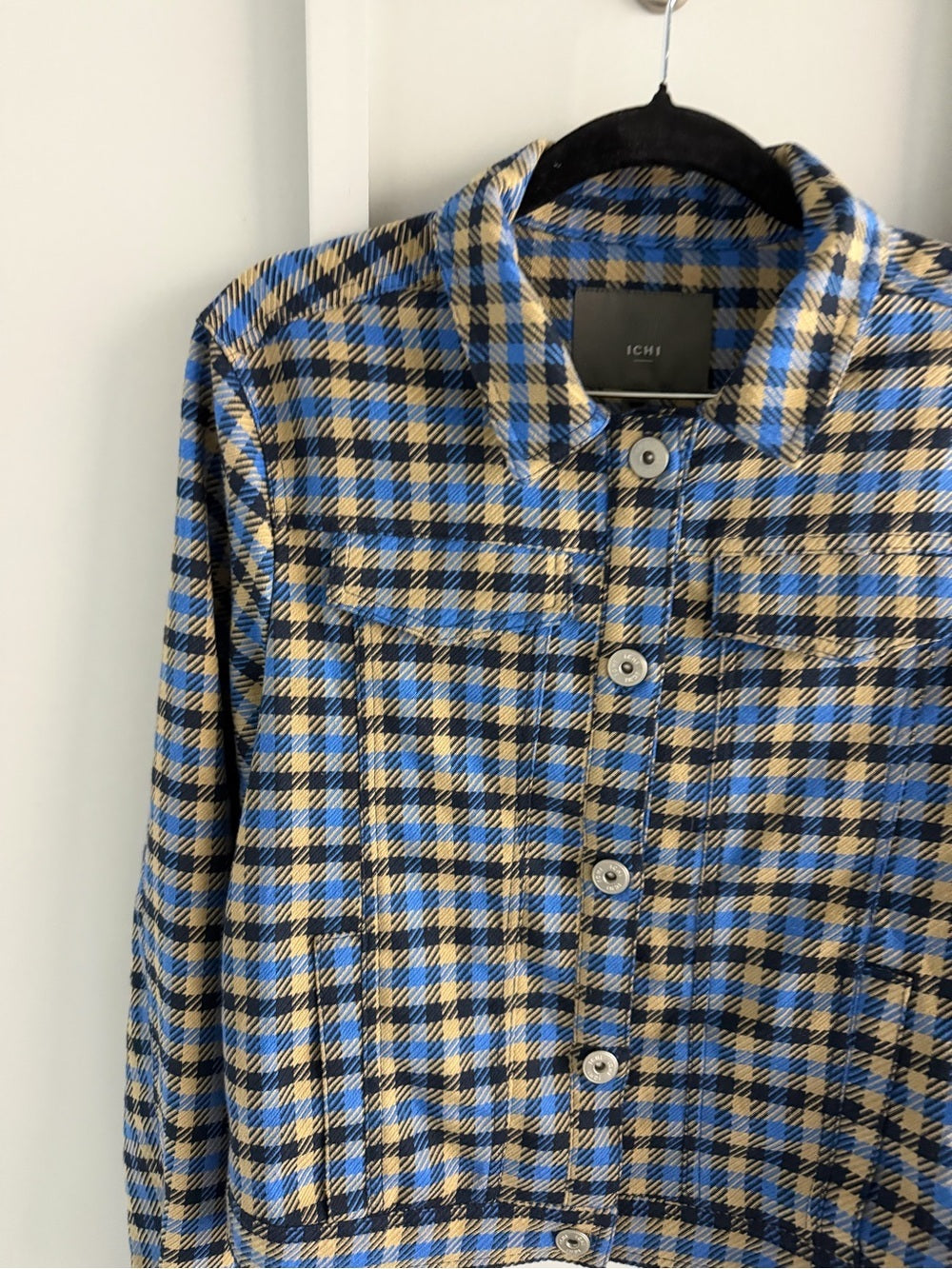 ICHI Blue & Beige Checkered Button-Up Jacket - Size 36 Like New Size S