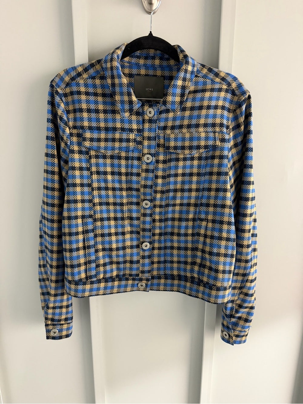 ICHI Blue & Beige Checkered Button-Up Jacket - Size 36 Like New Size S