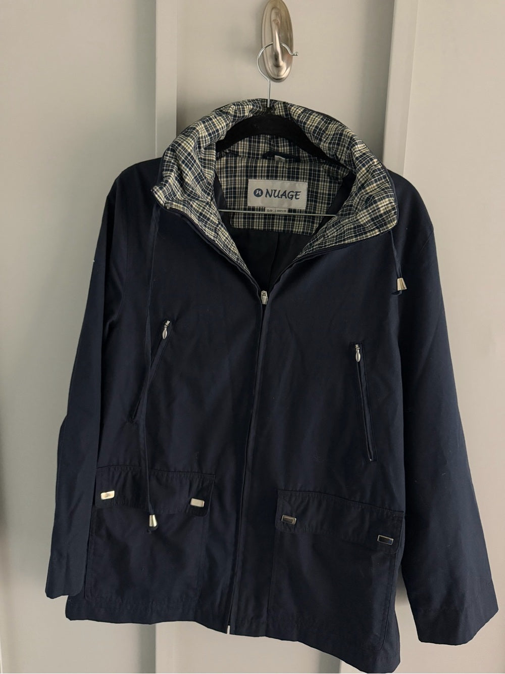 Nuage Navy Blue Plaid-Lined Short Trench Jacket - Size Small