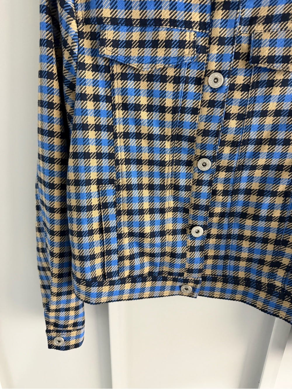 ICHI Blue & Beige Checkered Button-Up Jacket - Size 36 Like New Size S