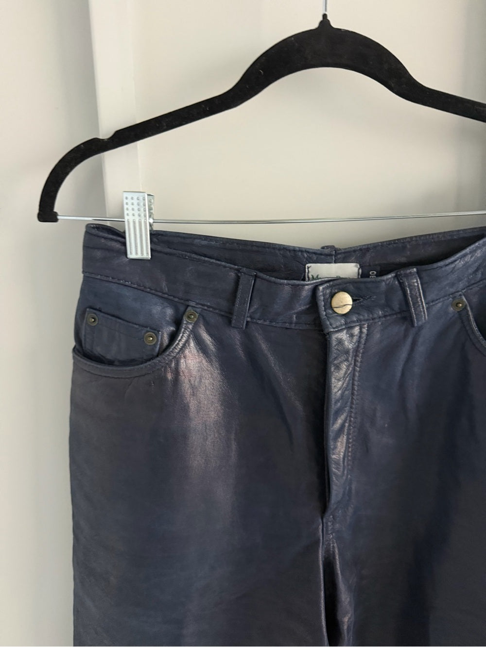 Vintage French Navy Blue Leather Boyfriend Fit Pants - Lined - Size 30