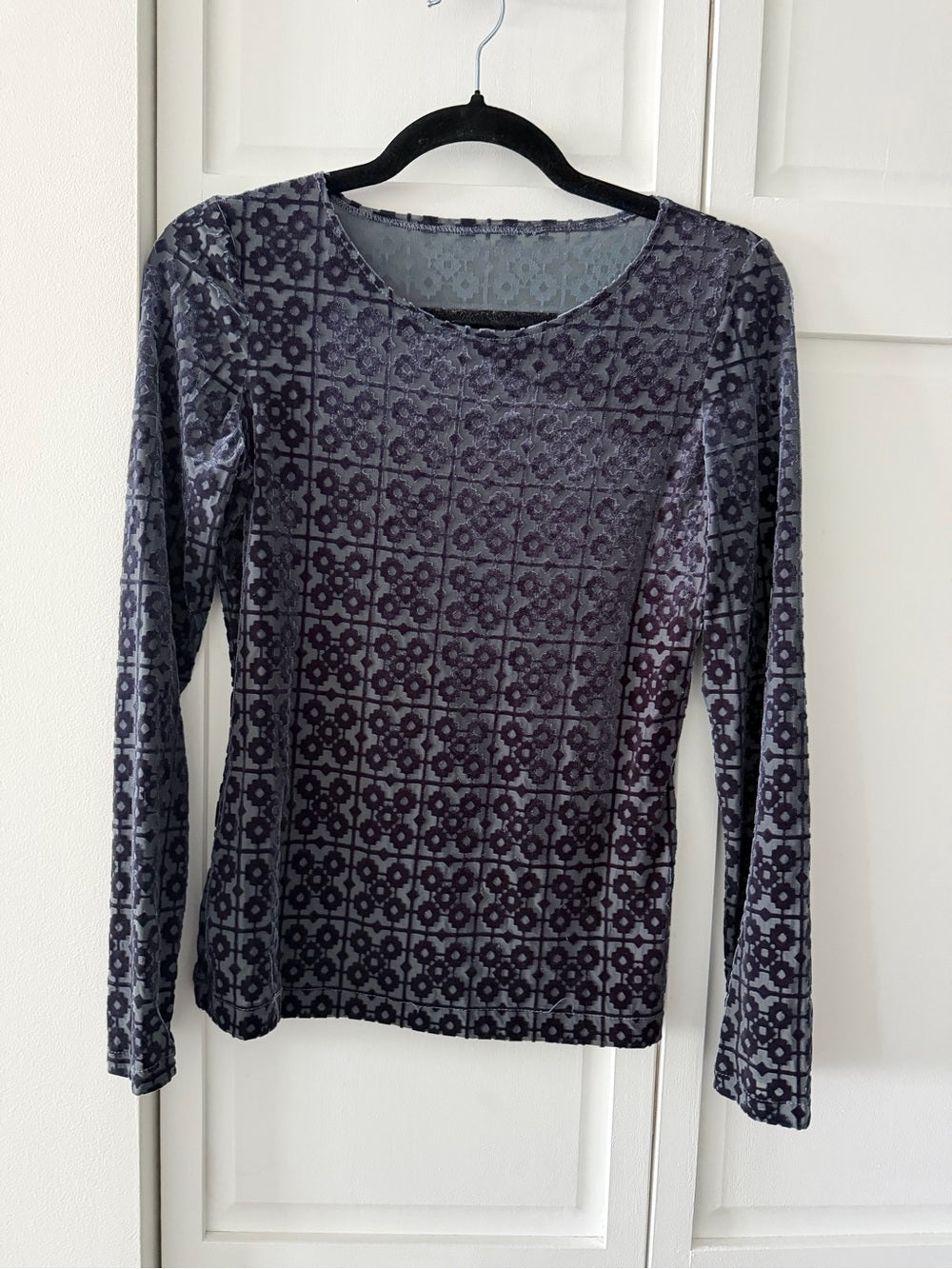 Vintage Sheer Mesh Velvet Devoré Geometric Long Sleeve Top Slate Grey M