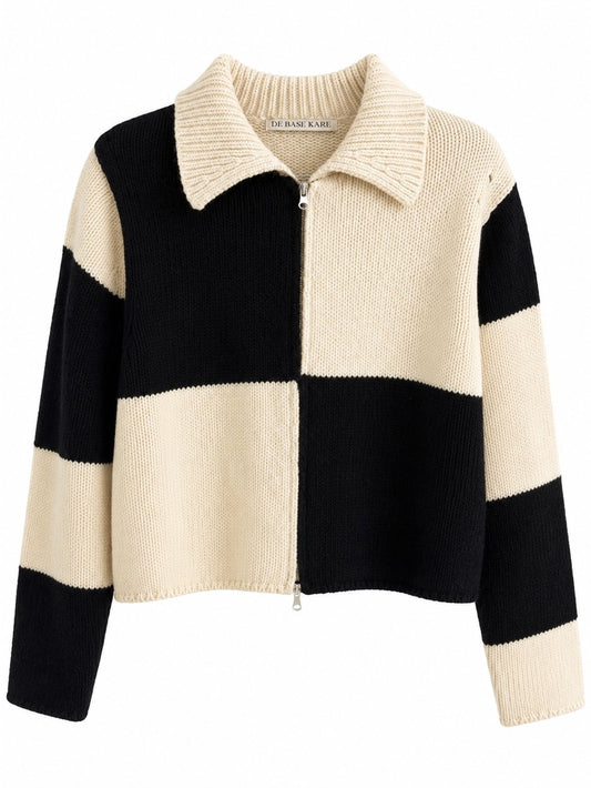 De Base Karé Black & White Colorblock Wool Blend Zip-Up Sweater Size L