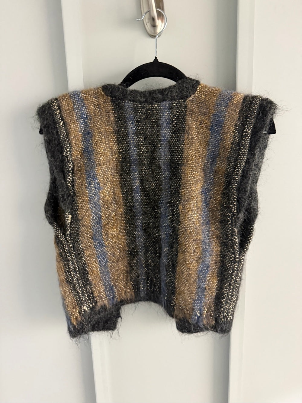 Handmade Alpaca Wool Open Front Fuzzy Trim Striped Vest - Brown Blue Black