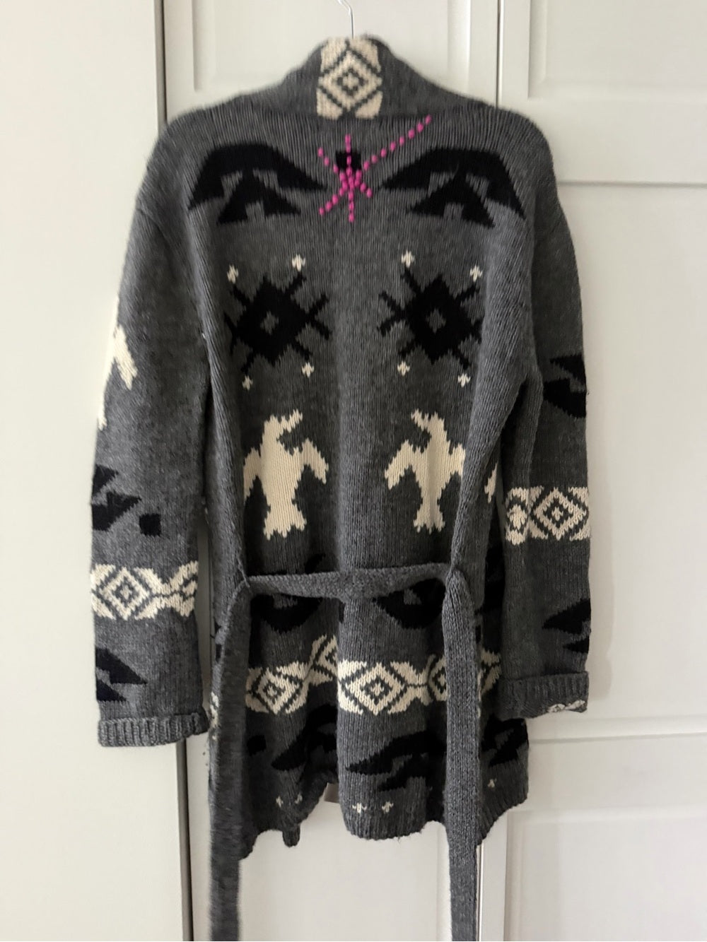 291 Venice Alpaca Wool Aztec Bird Shawl Belted Cardigan Sweater size M-L