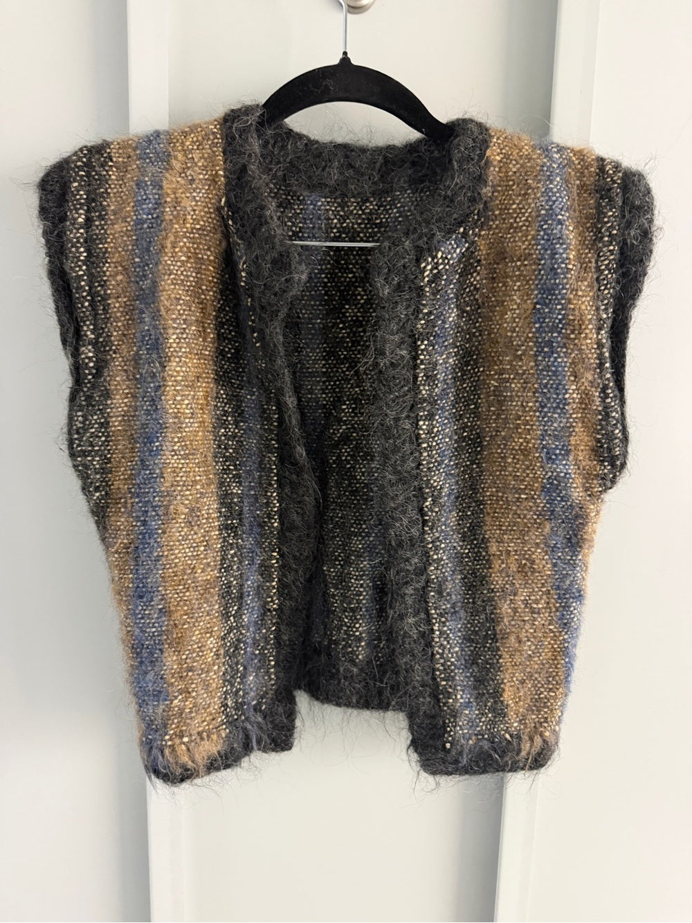 Handmade Alpaca Wool Open Front Fuzzy Trim Striped Vest - Brown Blue Black