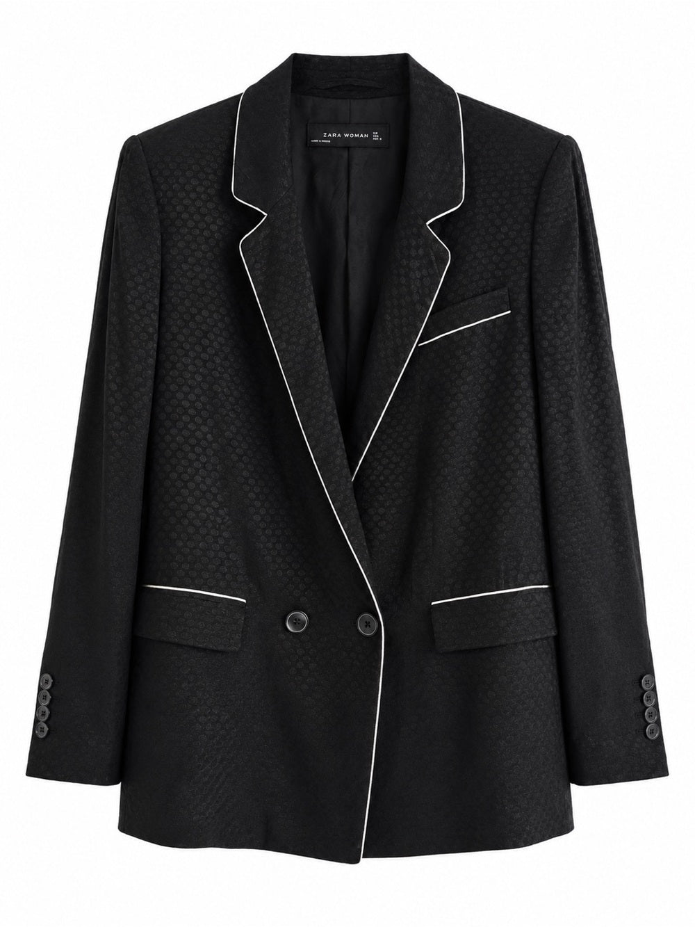 Zara Black Satin Viscose Jacquard Piping Blazer L