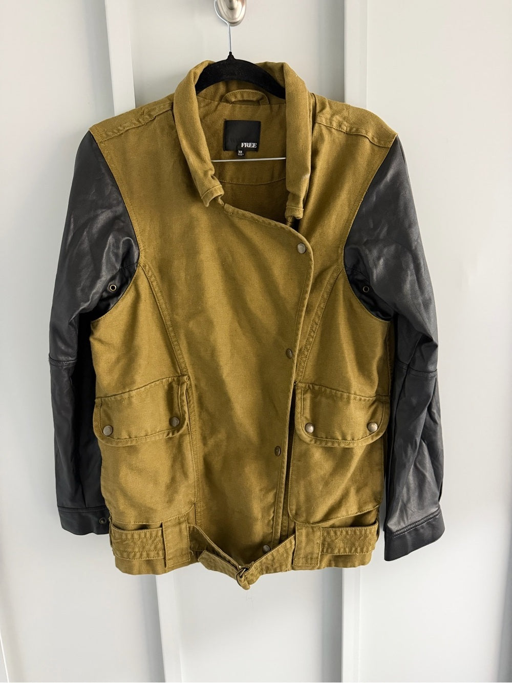 Wilfred Free Aritzia Olive Green Linen Cotton Faux Leather Sleeve Jacket XS
