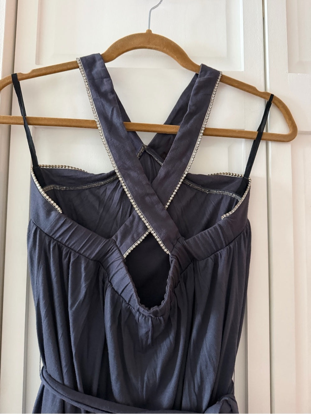 Velvet Mauve Charcoal Grey Rhinestone Cross Back Mini Dress M y2k