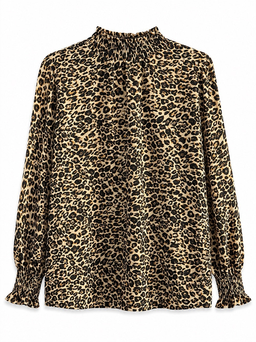 Vintage Italian Leopard Print Smocked Mock Neck Blouse L