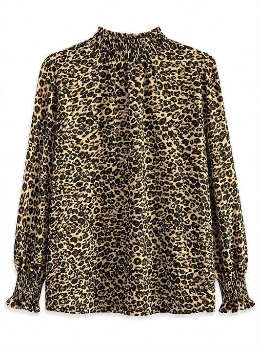 Vintage Italian Leopard Print Smocked Mock Neck Blouse L