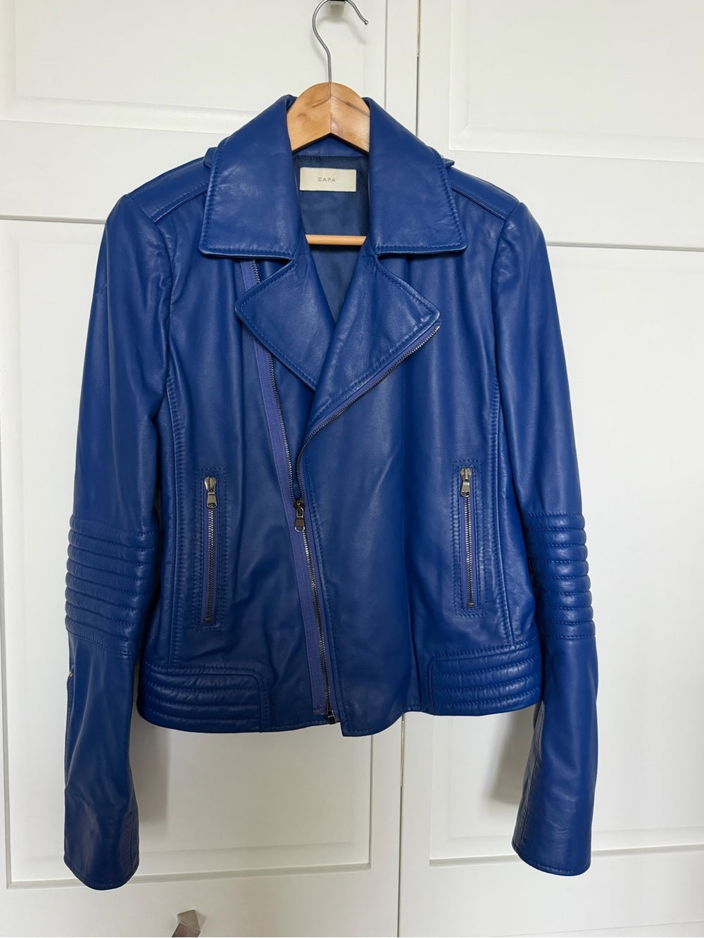 ZAPA Paris Blue 100% Lamb Leather Moto Biker Jacket 42 - US 10 Like New