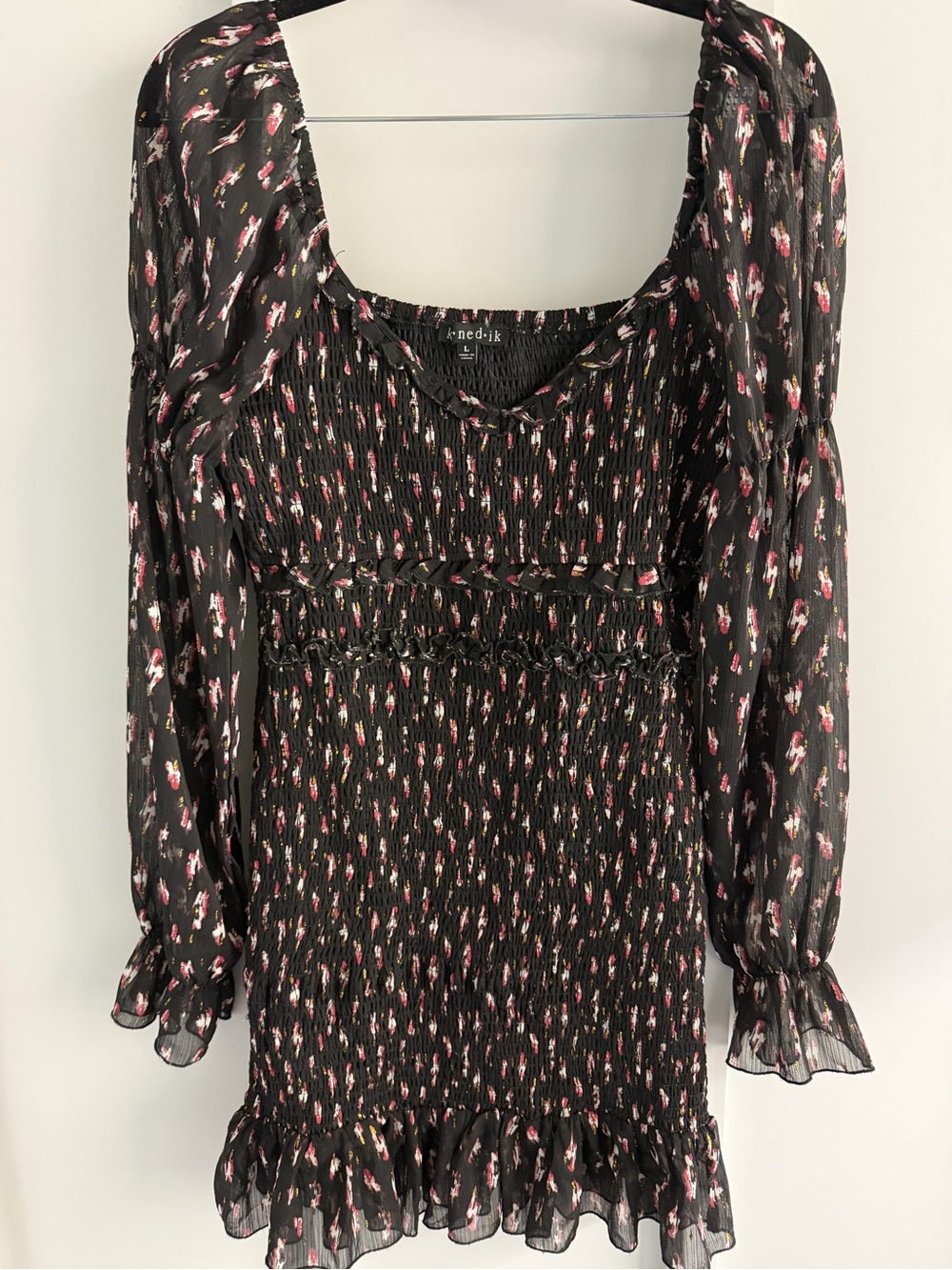 Knedik Metallic Floral Smocked Bodycon Mini Dress L
