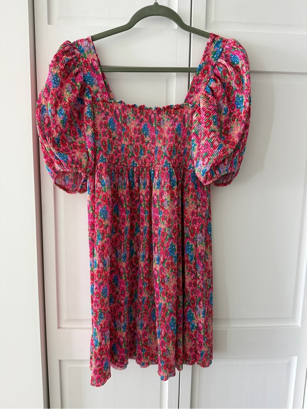 Zara Bright Floral Smocked Plissé Puff Sleeve Mini Dress M New