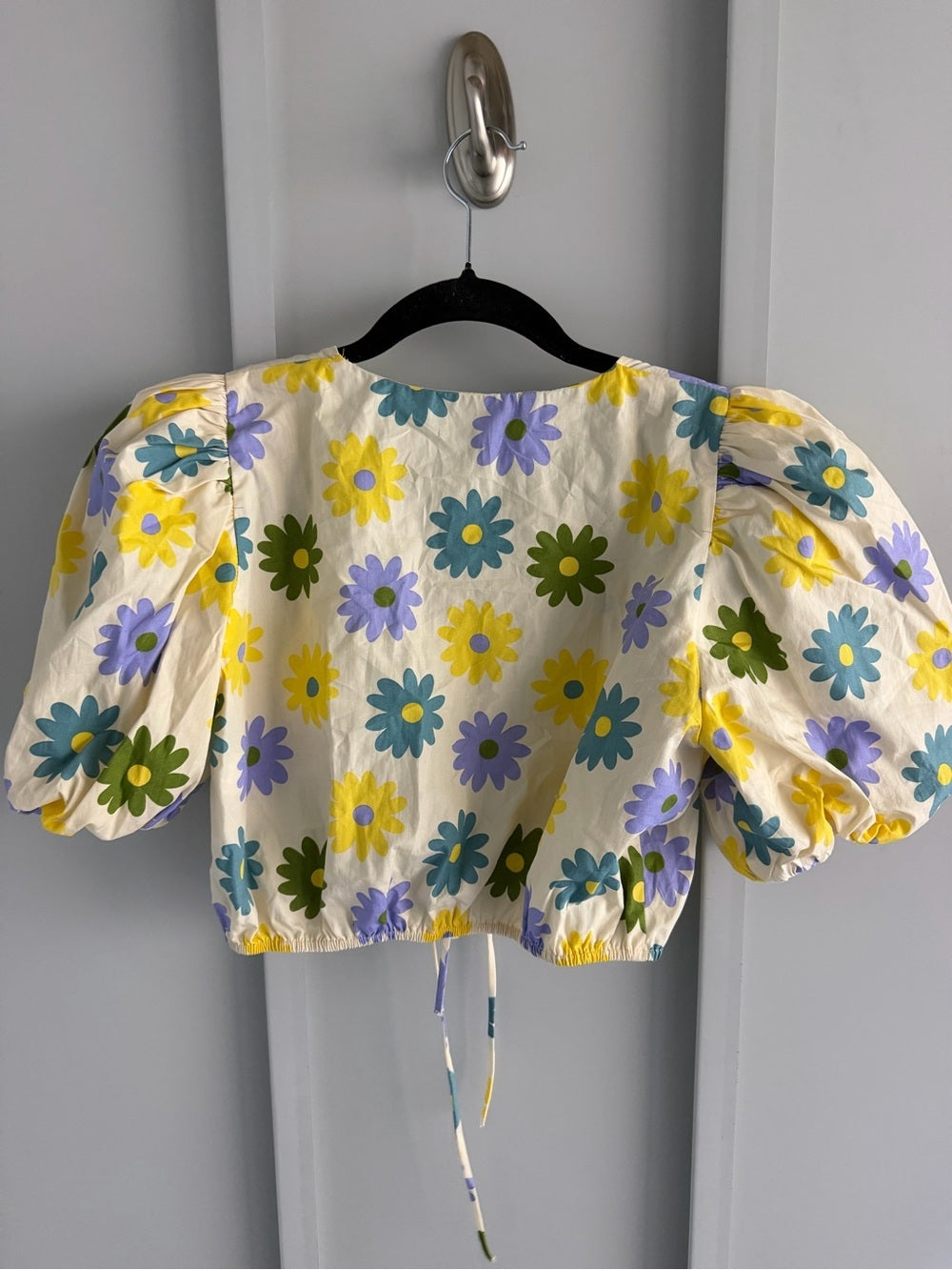 ZARA Floral Yellow Print Tie-Front Puff Sleeve Cropped Cotton Blouse - Size M
