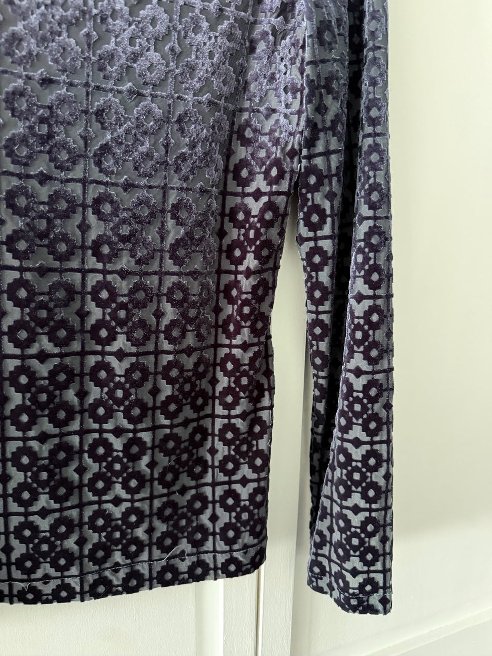 Vintage Sheer Mesh Velvet Devoré Geometric Long Sleeve Top Slate Grey M