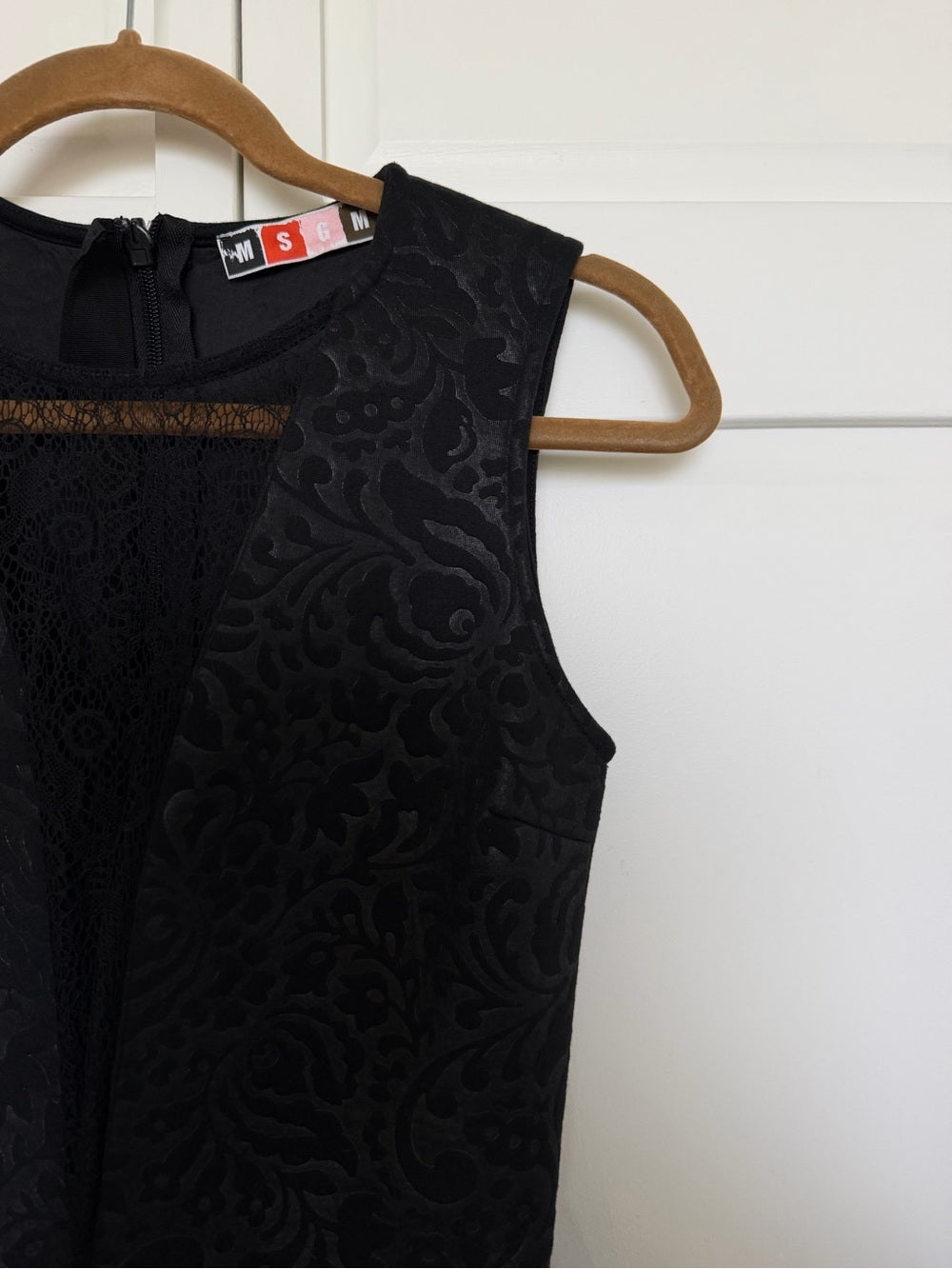 MSGM Black Damask Brocade Lace Inset Fit and Flare Dress Size 2
