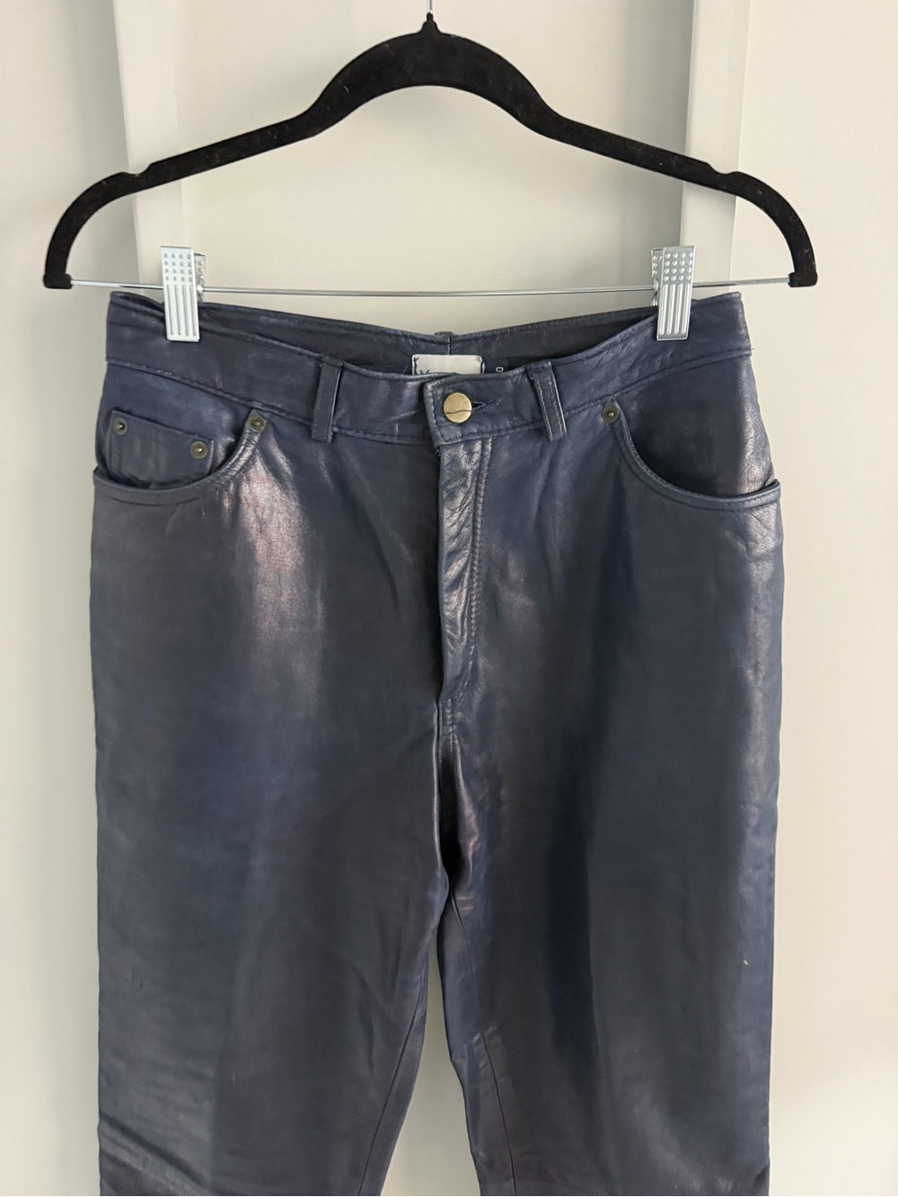 Vintage French Navy Blue Leather Boyfriend Fit Pants - Lined - Size 30