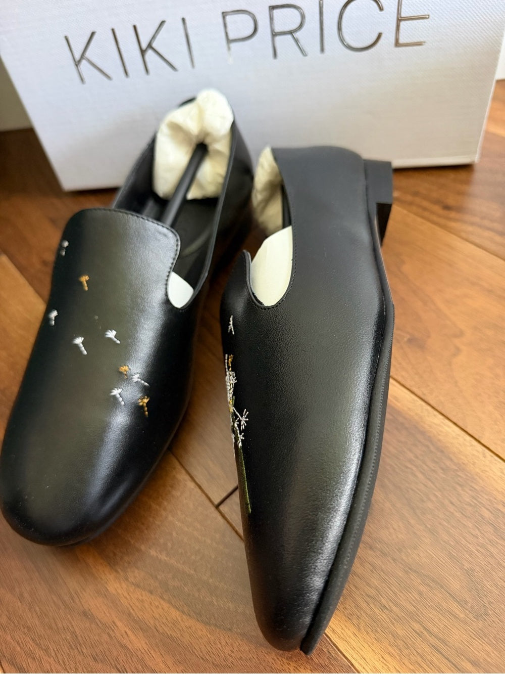 Kiki Price Embroidered Dandelion Black Leather Flats - Size 40