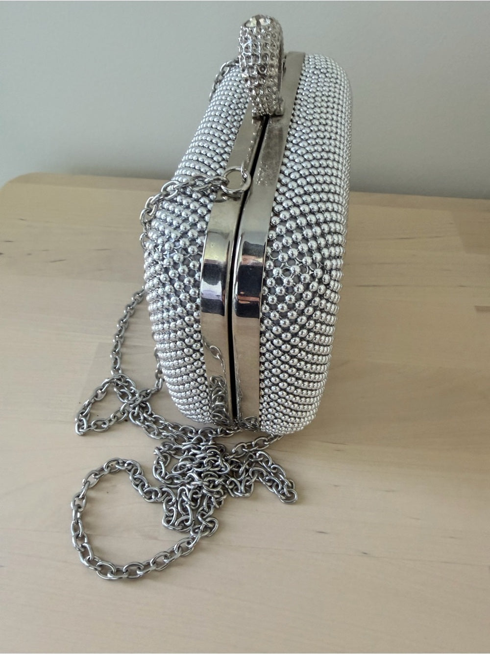 Jessica McClintock Silver Mesh Box Clutch Rhinestone Ring Clasp Bag⁠