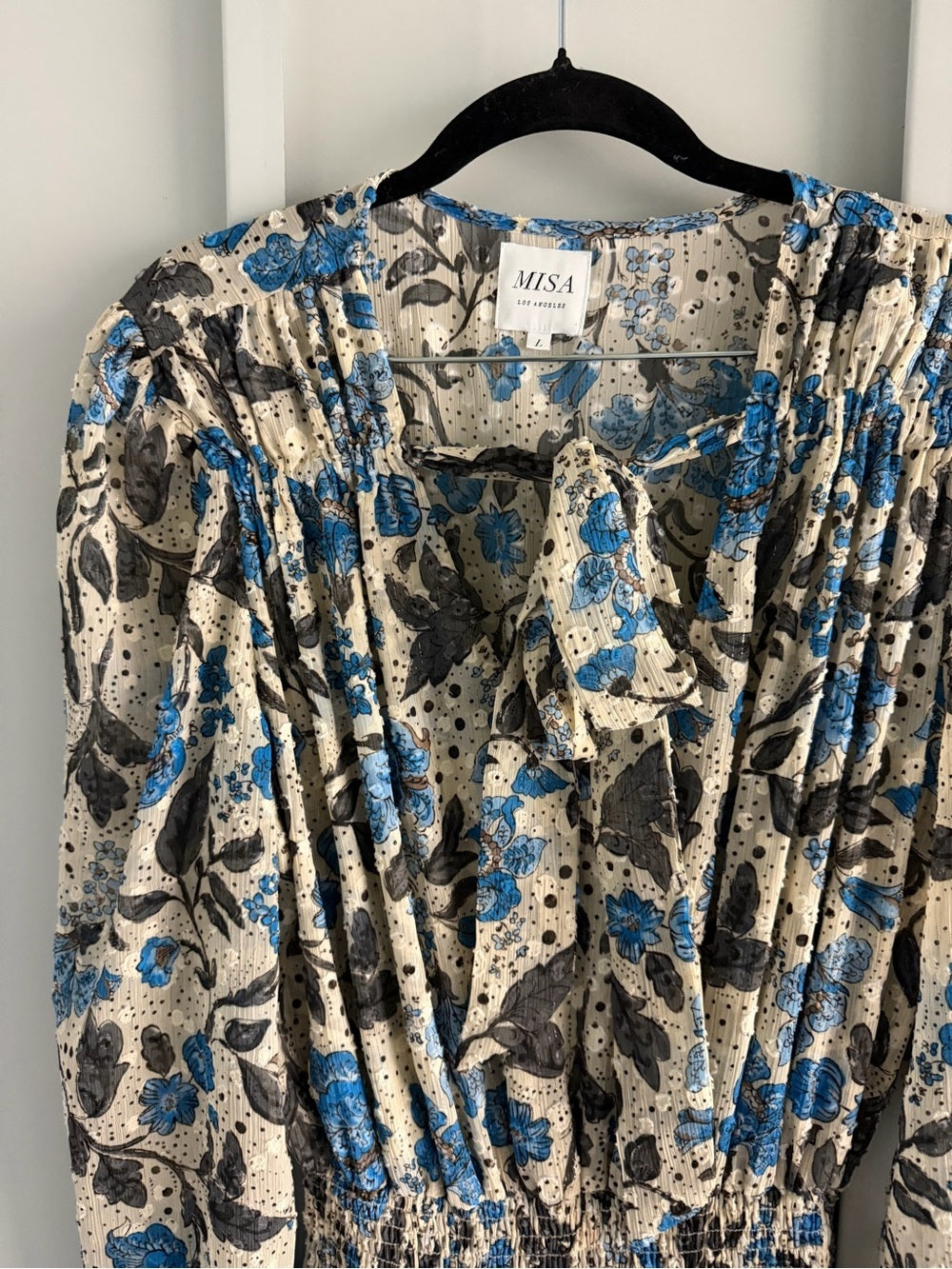 MISA Los Angeles Floral Chiffon Smocked Waist Tie Neck Dress L