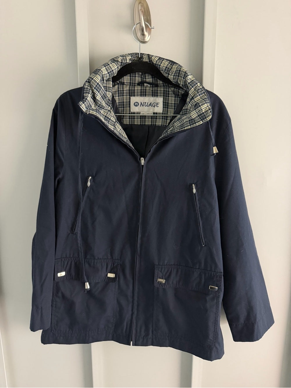 Nuage Navy Blue Plaid-Lined Short Trench Jacket - Size Small