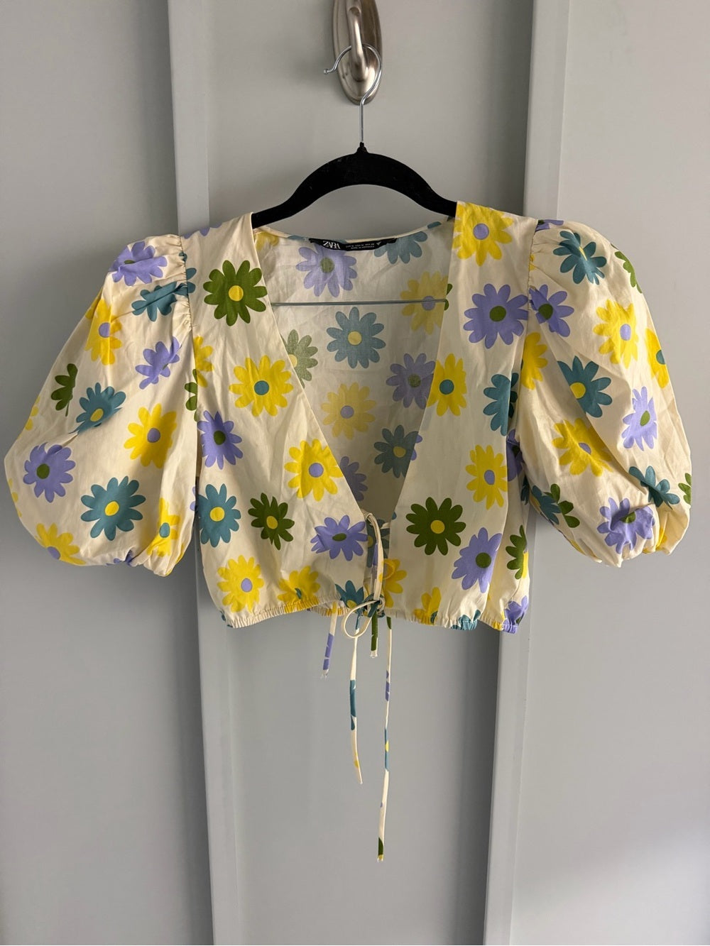 ZARA Floral Yellow Print Tie-Front Puff Sleeve Cropped Cotton Blouse - Size M