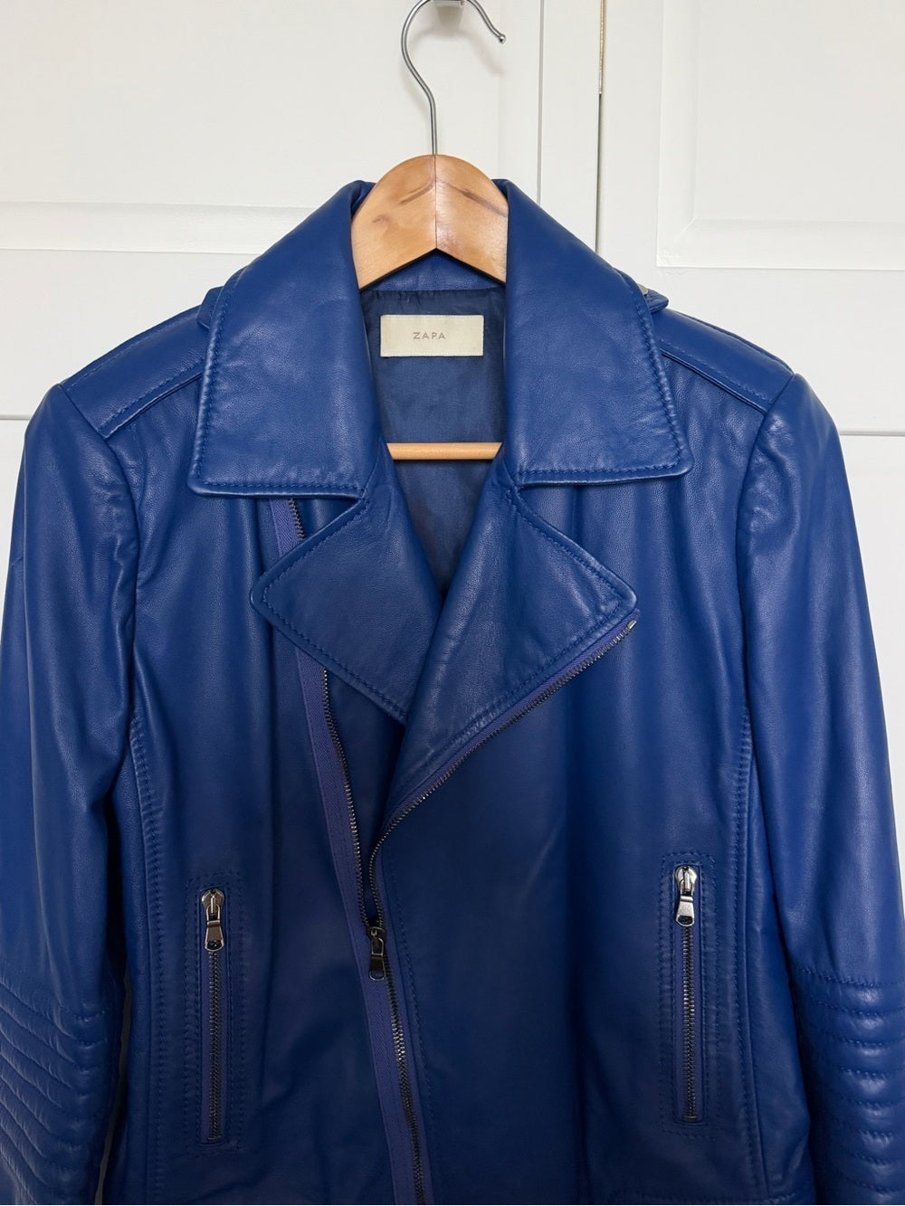 ZAPA Paris Blue 100% Lamb Leather Moto Biker Jacket 42 - US 10 Like New