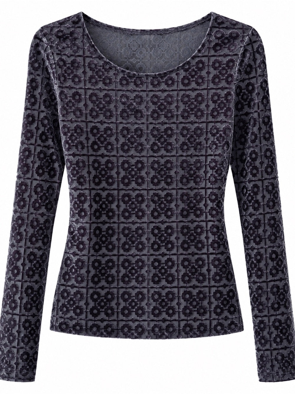 Vintage Sheer Mesh Velvet Devoré Geometric Long Sleeve Top Slate Grey M