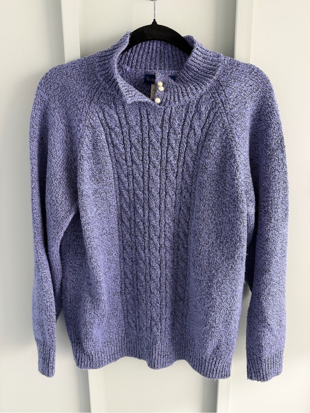 Karen Scott Lavender-Blue Cable Knit Mock Neck Sweater with Pearl Buttons Size M