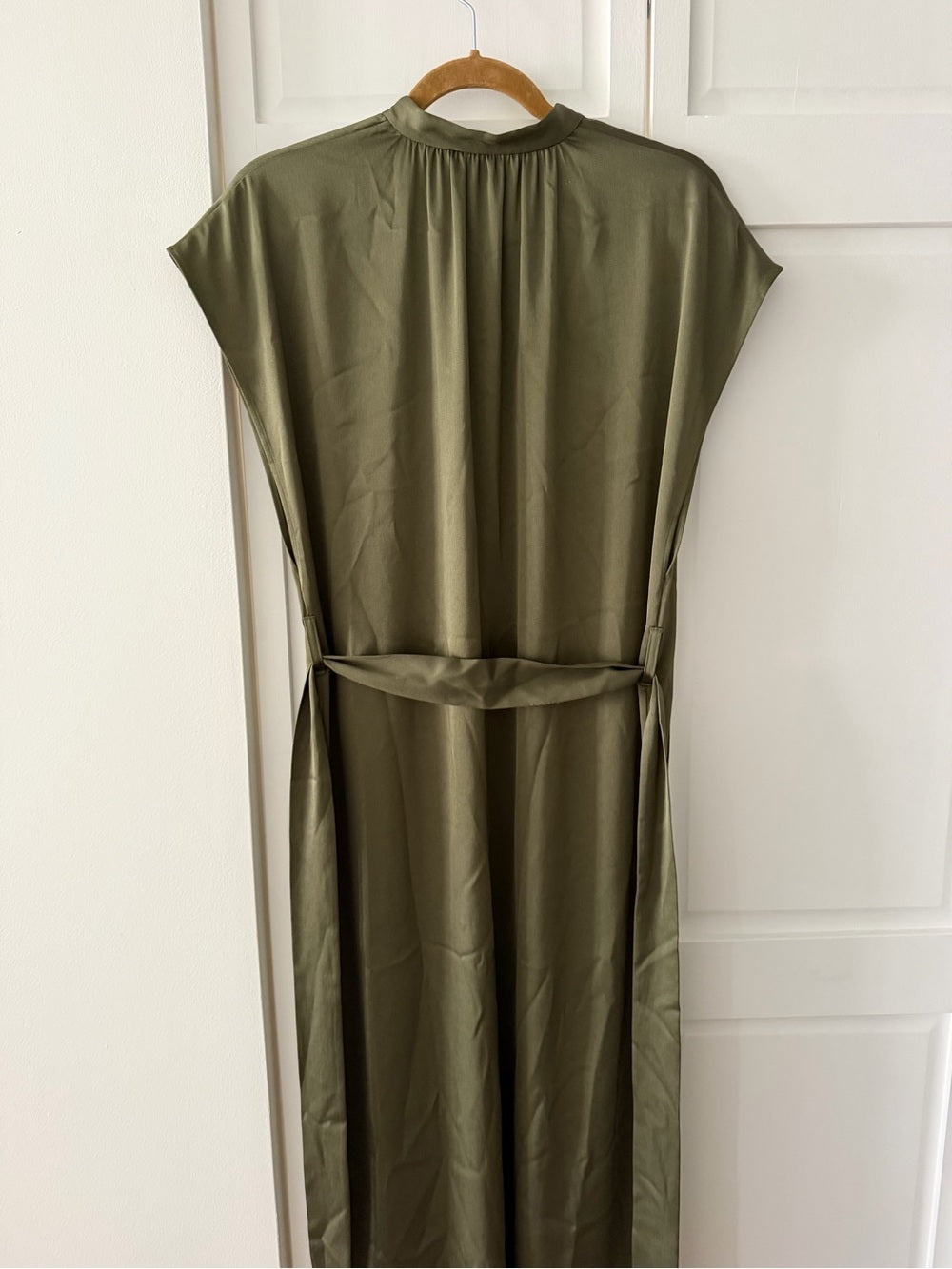 Filippa K Olive Green Satin-Finish Midi Dress - Size 36 (Fits Oversized) NWT