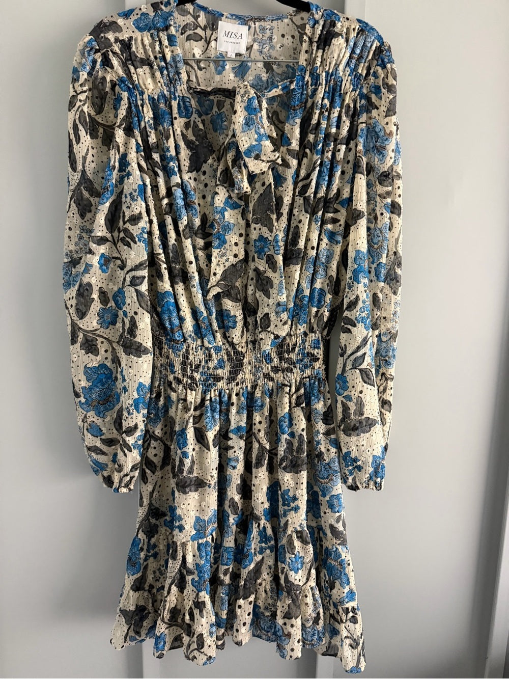 MISA Los Angeles Floral Chiffon Smocked Waist Tie Neck Dress L