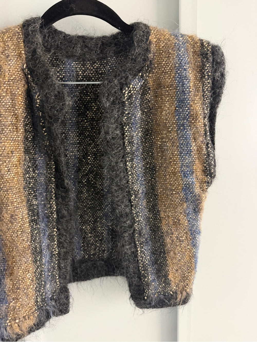 Handmade Alpaca Wool Open Front Fuzzy Trim Striped Vest - Brown Blue Black
