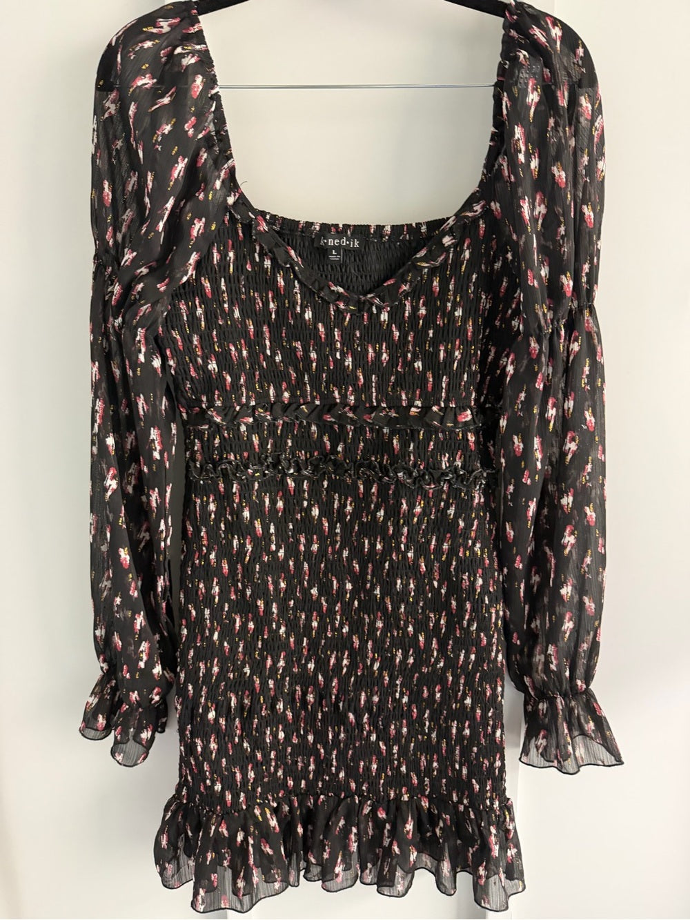 Knedik Metallic Floral Smocked Bodycon Mini Dress L