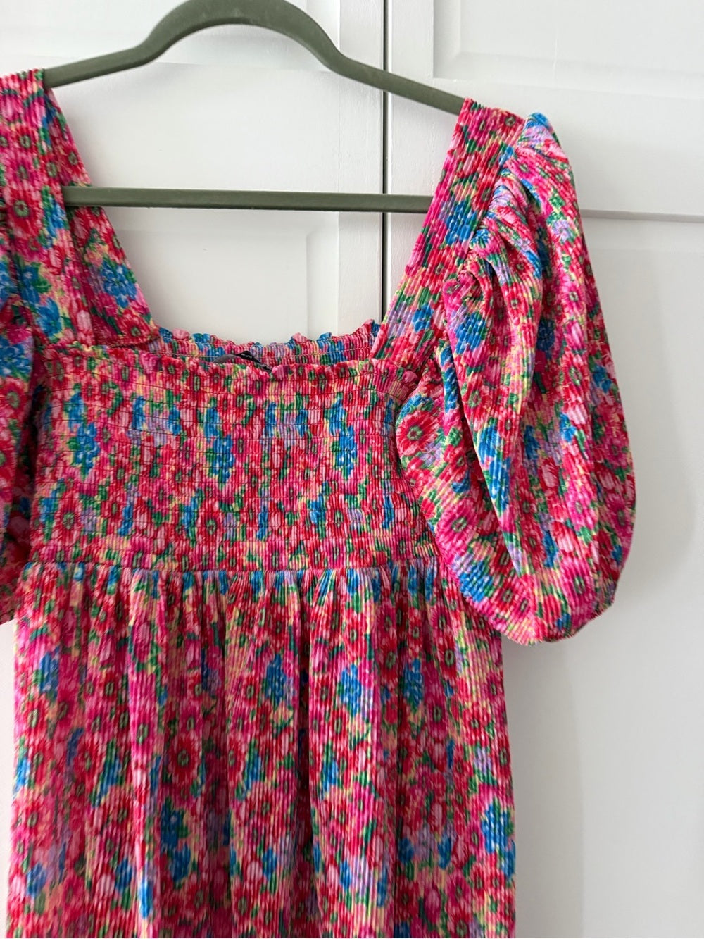 Zara Bright Floral Smocked Plissé Puff Sleeve Mini Dress M New