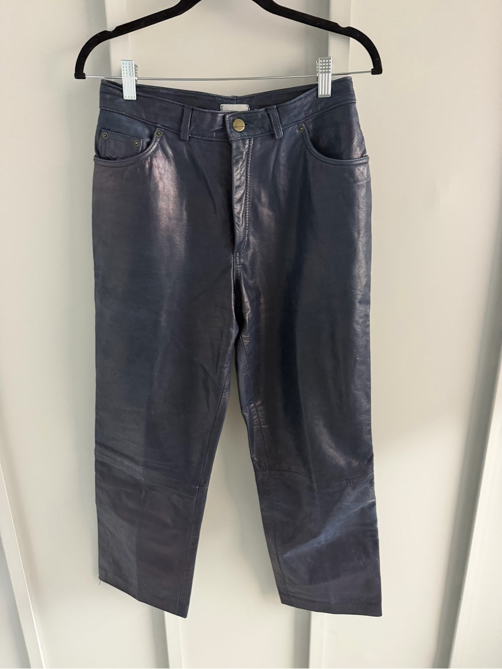 Vintage French Navy Blue Leather Boyfriend Fit Pants - Lined - Size 30