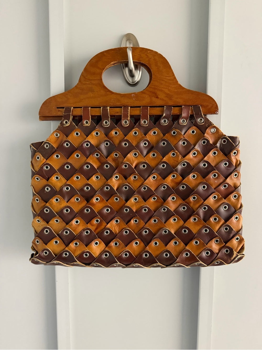 Vintage Handmade Leather & Wood Weave Statement Handbag