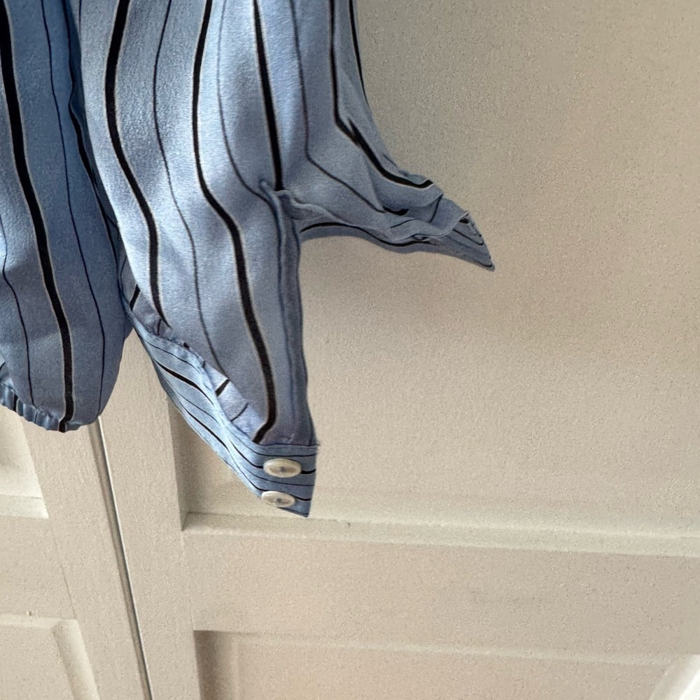 Hence Blue Pinstripe Satin Blouse | Draped V-Neck | Long Sleeve | (Fits M–L)
