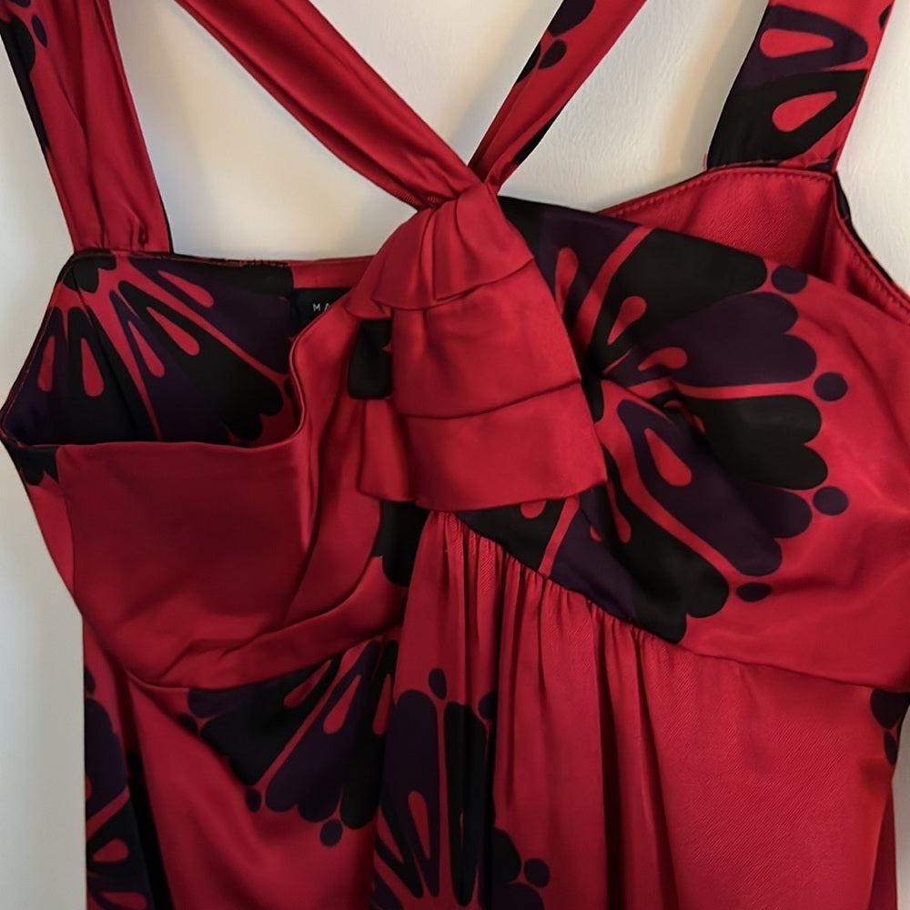 2000s Vintage Marc by Marc Jacobs Red Floral Satin Halter Mini Cocktail Dress